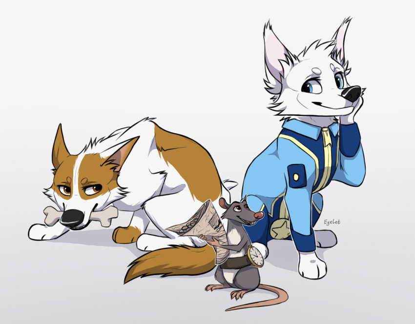 belka bone canid canine canis clock clothed clothing domestic_dog eyelet female feral group holding_in_mouth looking_at_another male mammal murid murine rat rodent simple_background space_dogs strelka trio white_background