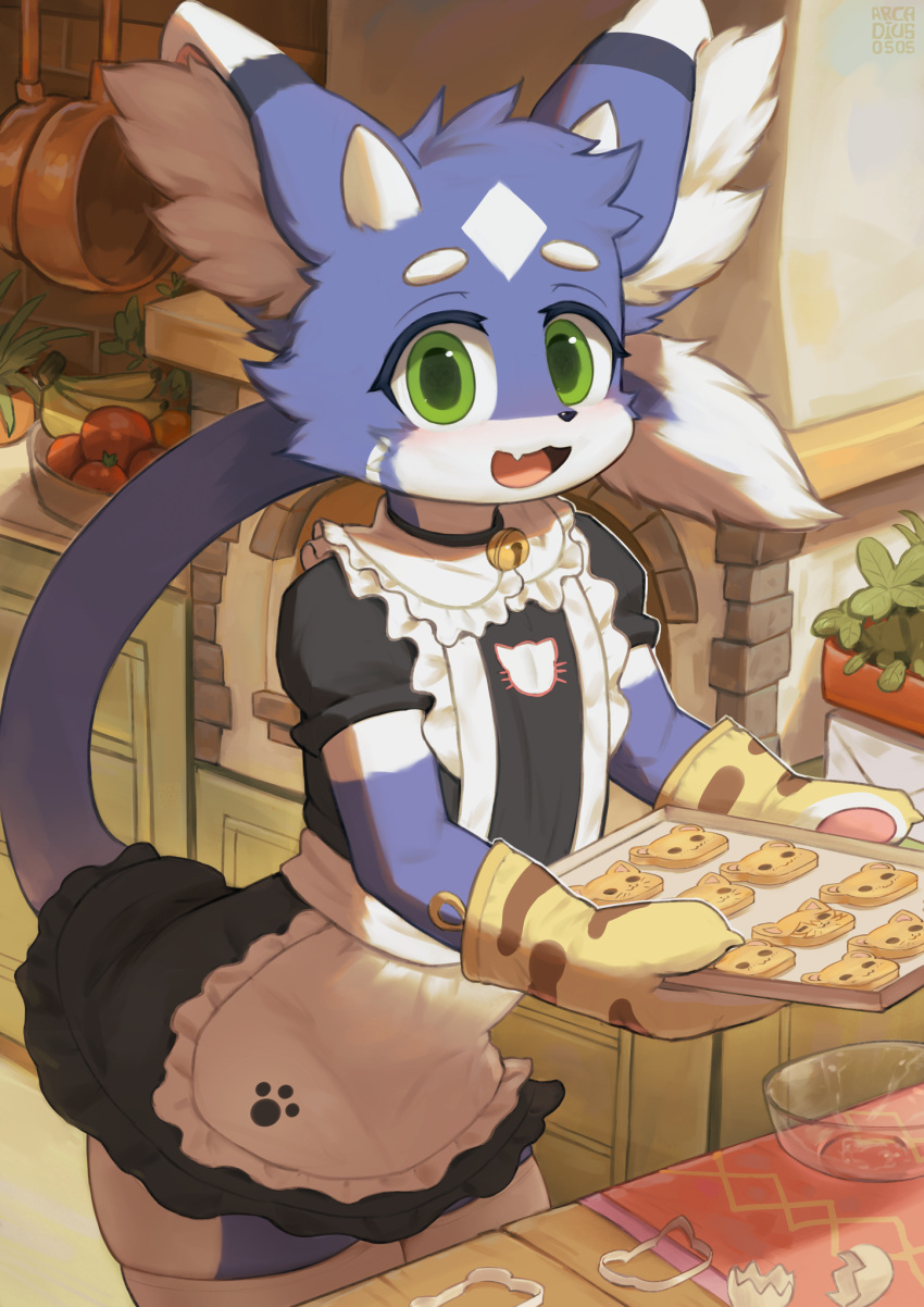 2023 anthro arcadius0505 baking bell blush choker clothed clothing cookie crossdressing cute_fangs digital_media_(artwork) felid feline fluffy food fur girly gloves green_eyes handwear hi_res holding_object inner_ear_fluff jewelry jingle_bell kemono kitchen legwear looking_at_viewer maid_uniform male male_anthro mammal necklace open_mouth purple_body purple_fur solo tail thigh_highs tongue tuft uniform white_body white_fur young