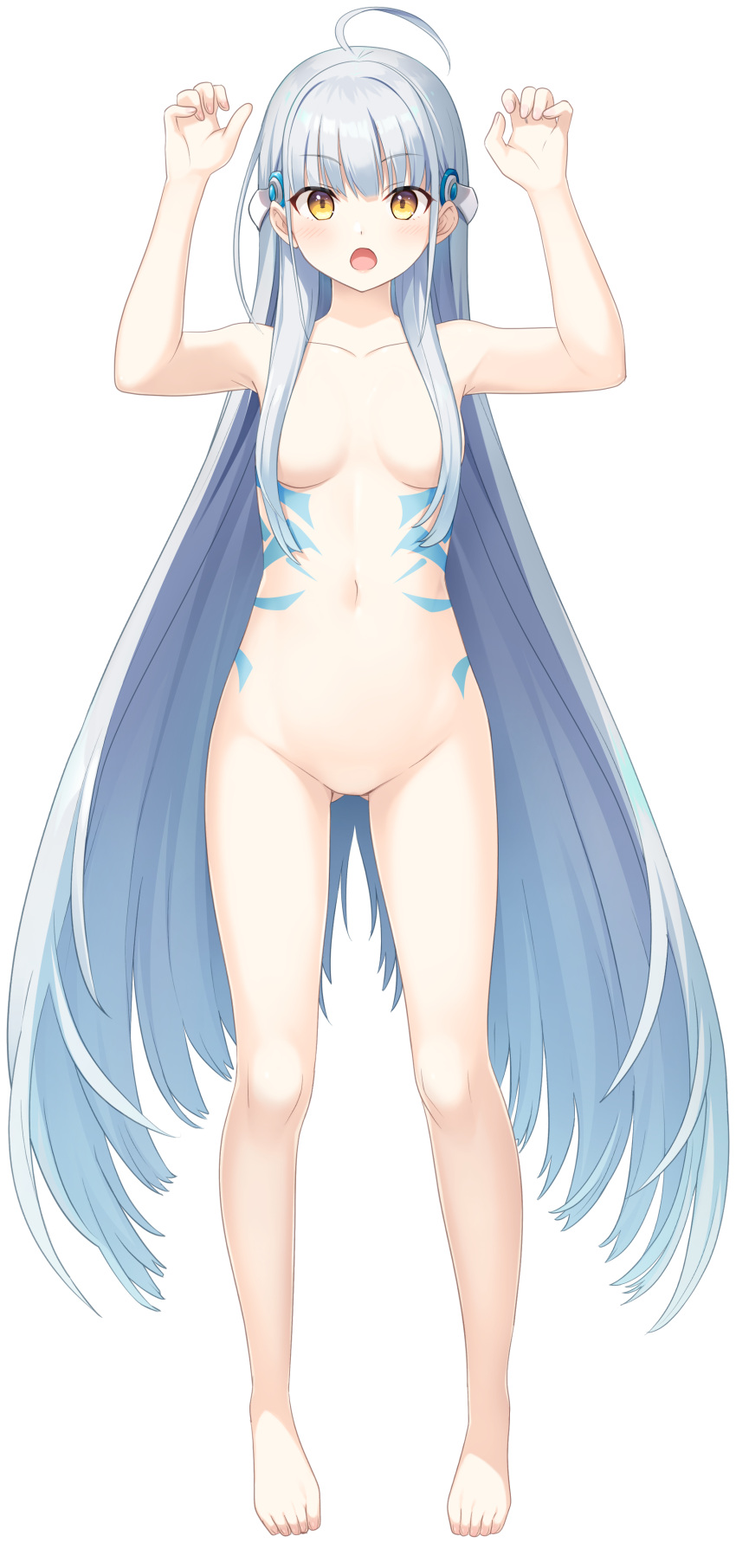 1girl absurdres ahoge arms_up barefoot blue_hair breasts completely_nude facing_viewer full_body gradient_hair grey_hair hair_censor hair_ornament highres kurasawa_moko kuuko_(same_to_ikiru_nanokakan) light_blue_hair long_hair looking_at_viewer medium_breasts multicolored_hair navel no_pussy non-web_source nude open_mouth same_to_ikiru_nanokakan solo standing tachi-e transparent_background very_long_hair yellow_eyes