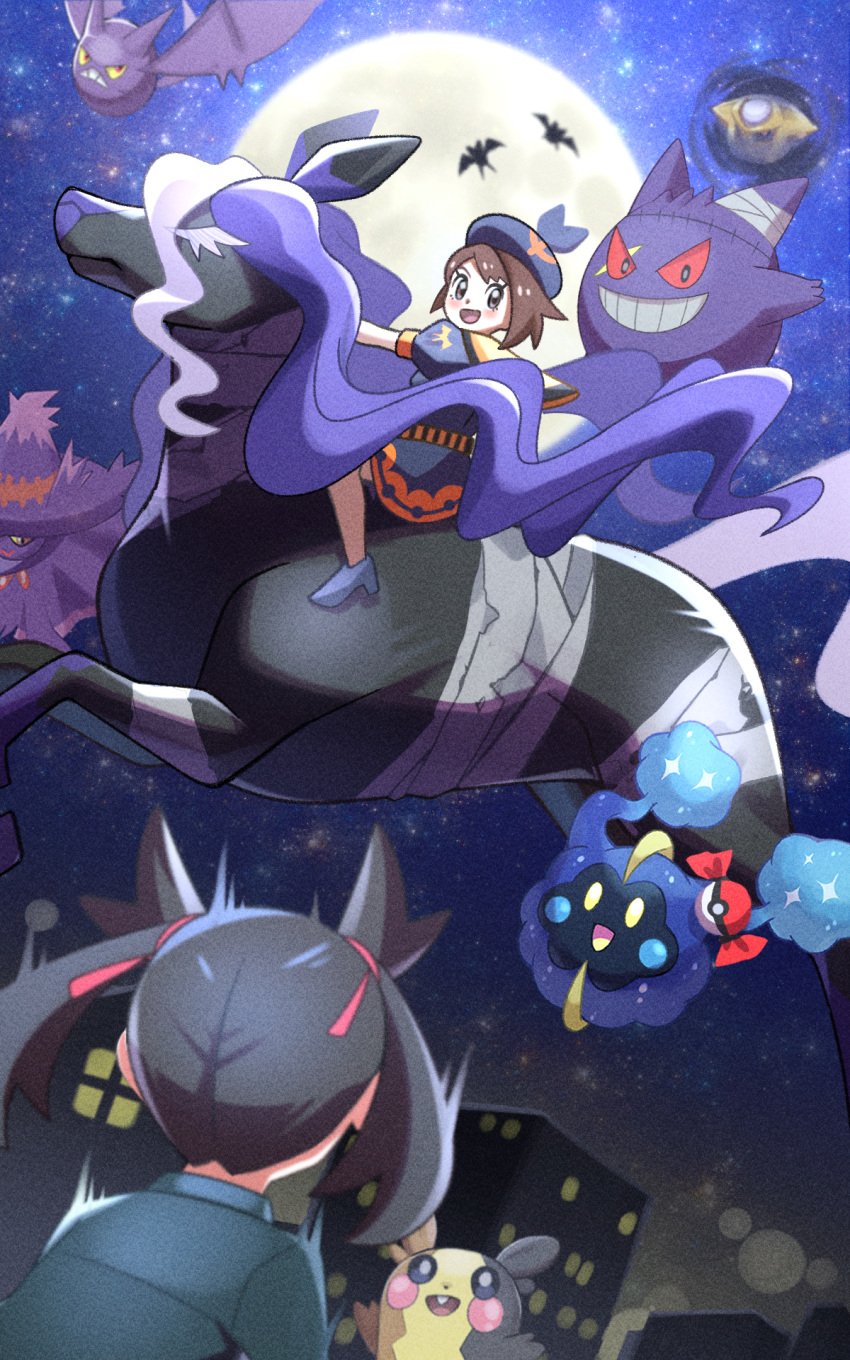 2girls alternate_costume building commentary_request cosmog crobat dress gengar giratina gloria_(pokemon) hair_ribbon halloween hat high_heels highres inana_umi jacket marnie_(pokemon) mismagius moon morpeko morpeko_(full) multiple_girls night outdoors pink_ribbon pokemon pokemon_(creature) pokemon_(game) pokemon_swsh ribbon riding riding_pokemon short_sleeves sitting sky spectrier twintails zubat