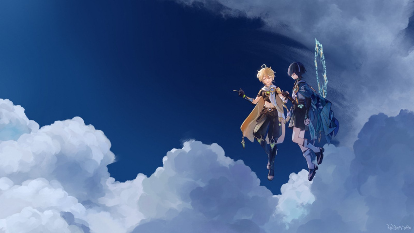 2boys ^_^ aether_(genshin_impact) ahoge apollo_hotori black_footwear black_gloves black_hair black_pants black_sash black_shirt black_shorts blonde_hair blue_cape blue_sky blunt_ends boots braid braided_ponytail bridal_gauntlets cape closed_eyes cloud cloudy_sky commentary crop_top day earrings english_commentary floating genshin_impact gloves gold_trim hair_between_eyes hand_up hands_up highres holding_hands jacket japanese_clothes jewelry long_hair looking_at_another male_focus midriff multicolored_hair multiple_boys navel open_mouth outdoors pants pom_pom_(clothes) purple_sash sandals sash scaramouche_(genshin_impact) shirt short_sleeves shorts sidelocks single_braid single_earring sky smile star_(symbol) stomach streaked_hair tassel two-sided_cape two-sided_fabric vambraces vision_(genshin_impact) wanderer_(genshin_impact) white_cape white_jacket yellow_cape