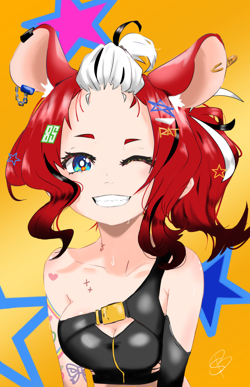 1girl absurdres animal_ears arm_tattoo black_hair black_tube_top blue_eyes breasts cleavage collarbone colorful hair_ornament hakos_baelz hakos_baelz_(3rd_costume) highres hololive hololive_english long_hair looking_at_viewer medium_breasts mouse_ears mouse_girl multicolored_hair number_hair_ornament one_eye_closed red_hair shnizbit shoulder_tattoo smile solo star_(symbol) star_hair_ornament star_tattoo strapless streaked_hair tattoo tube_top virtual_youtuber white_hair