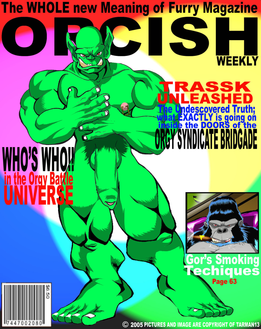 2005 anthro ape cigar cover duo english_text flaccid foreskin genitals gor_(tomcat) gorilla green_body green_skin haplorhine hi_res humanoid humanoid_genitalia humanoid_penis magazine_cover male mammal nipple_piercing nipple_ring nipples nude orc penis piercing pink_nipples primate pubes ring_piercing text tomcat_(artist) trassk