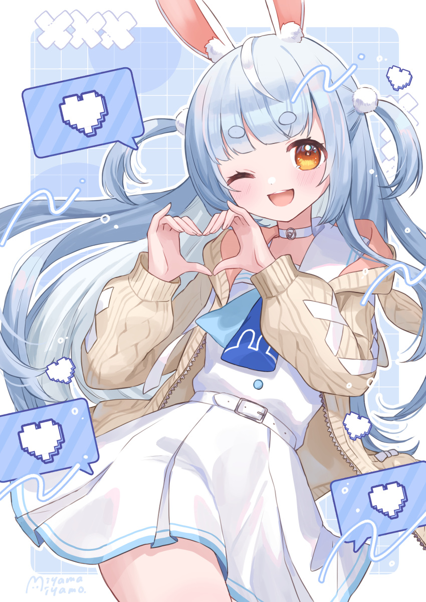 1girl absurdres animal_ears belt blue_hair choker heart heart_hands highres hololive long_hair miyamo_(fumifumi_no_ura) multicolored_hair official_alternate_costume one_eye_closed open_mouth rabbit-shaped_pupils rabbit_ears short_eyebrows skirt smile solo sweater symbol-shaped_pupils tied_ears two-tone_hair two_side_up usada_pekora usada_pekora_(4th_costume) white_choker white_hair yellow_eyes