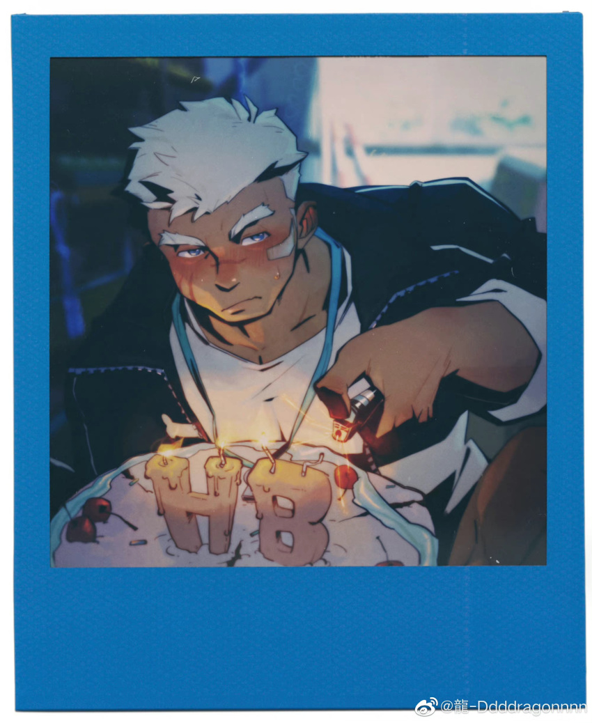 1boy absurdres averting_eyes bandaid bandaid_on_cheek bandaid_on_face bara cake dragonpie food happy_birthday highres large_pectorals lighting looking_at_viewer male_focus muscular muscular_male pectorals scar scar_on_face scar_on_nose short_hair shy solo sweat textless_version thick_eyebrows tsundere upper_body white_hair
