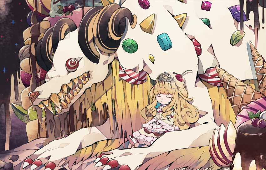 1girl absurdres apple apple_slice blonde_hair cake cherry closed_eyes commission crystal dress duel_monster food fruit full_body highres horns ice_cream_cone long_hair long_sleeves madolche_puddingcess monster nemleria_dream_defender_-_couette pudding sharp_teeth sitting sleeping strawberry tasutekete teeth tiara wide_sleeves yu-gi-oh!