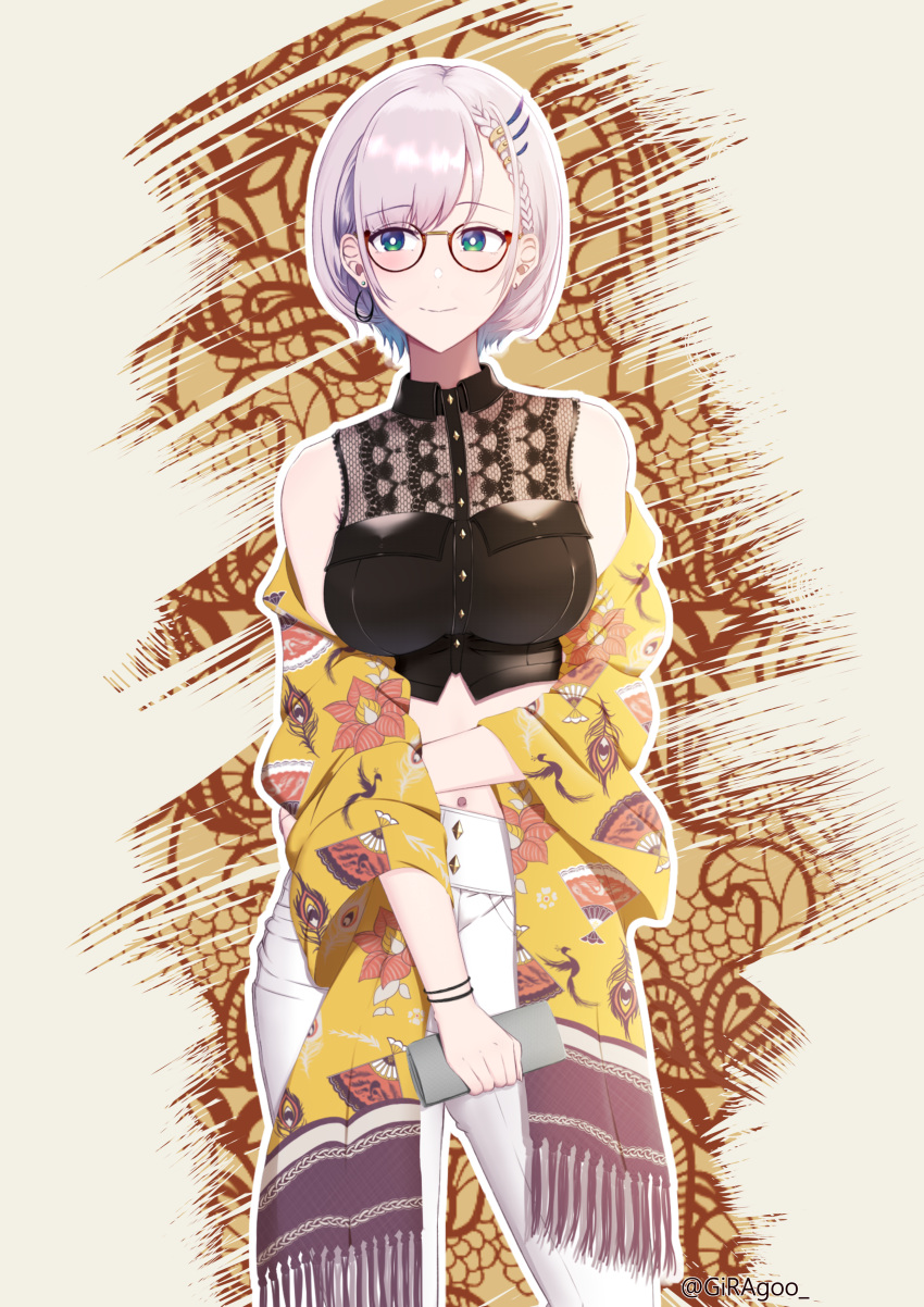 1girl absurdres black_shirt bracelet braid breasts bright_pupils crop_top earrings girarikyo glasses green_eyes grey_hair highres holding hololive hololive_indonesia jewelry navel pants pavolia_reine pavolia_reine_(2nd_costume) semi-rimless_eyewear shawl shirt short_hair sleeveless sleeveless_shirt solo twitter_username virtual_youtuber white_pants white_pupils yellow_shawl