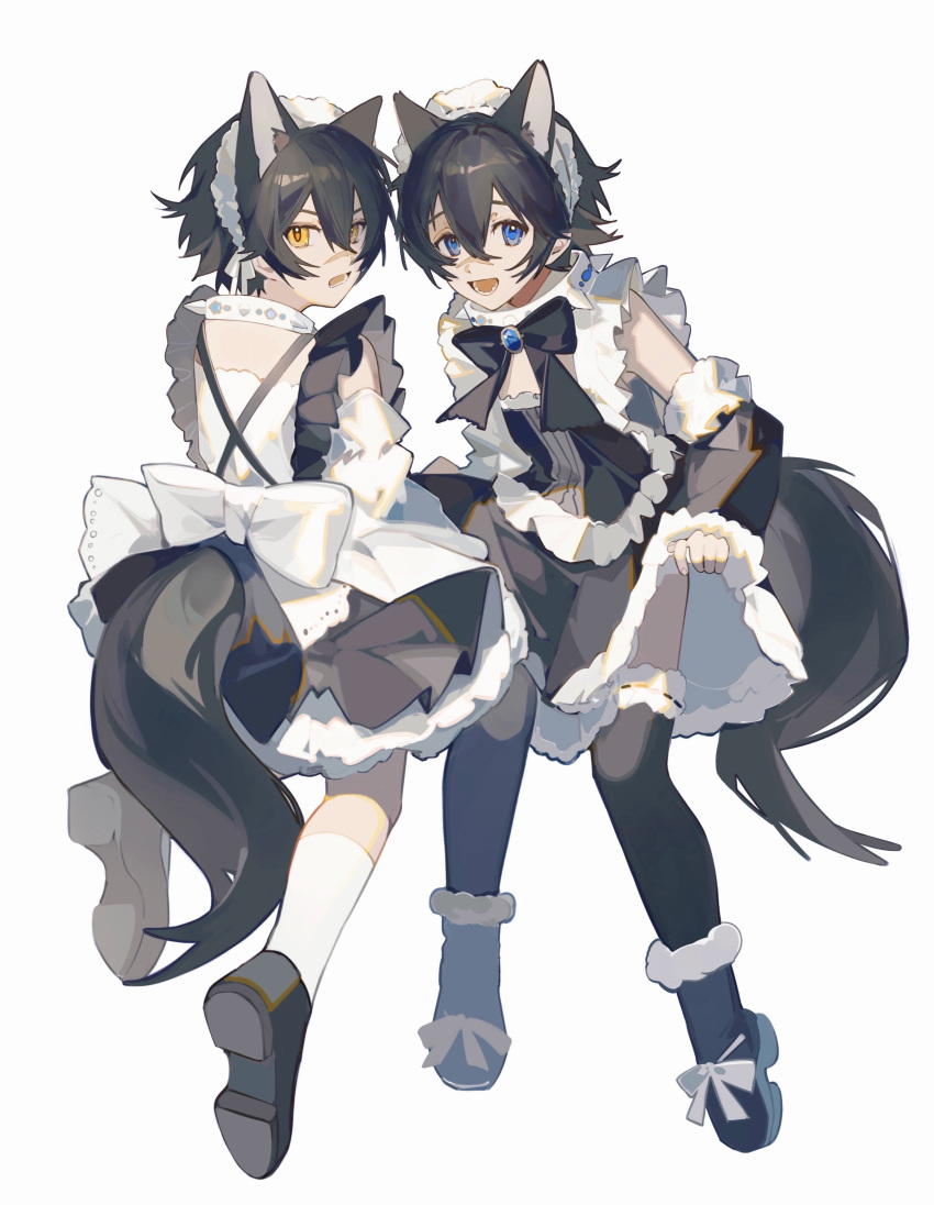 2boys absurdres black_footwear black_hair black_ribbon black_thighhighs blue_eyes blush clothes_lift collar crossdressing detached_sleeves dress dress_lift embarrassed extra_ears facing_viewer frilled_dress frilled_sleeves frills from_behind full_body garu_(nu_carnival) hair_between_eyes highres karu_(nu_carnival) looking_at_viewer maid maid_headdress male_focus multiple_boys nu_carnival open_mouth ribbon scar scar_on_face short_hair spiked_collar spikes tail teeth thighhighs white_background yellow_eyes yuumii_0120