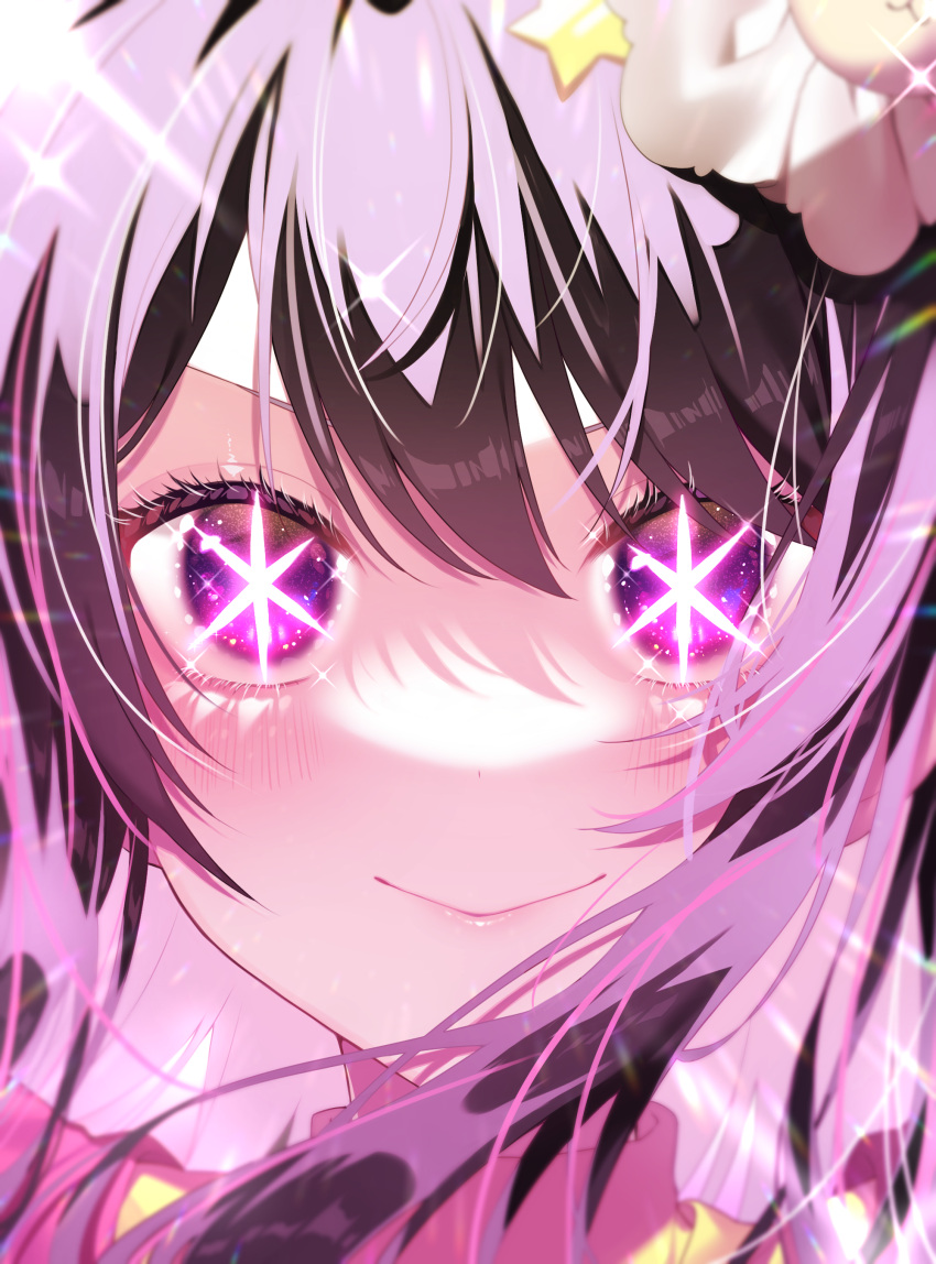 1girl absurdres blush close-up closed_mouth commentary_request dress eye_focus hair_between_eyes hair_ornament highres hoshino_ai_(oshi_no_ko) long_hair looking_at_viewer merokonbunbun oshi_no_ko pink_dress purple_eyes rabbit_hair_ornament sidelocks smile solo sparkle star-shaped_pupils star_(symbol) star_hair_ornament symbol-shaped_pupils turtleneck_dress