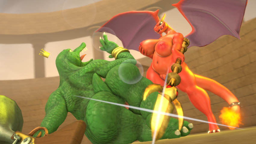 3d_(artwork) accessory anthro big_breasts breasts butt crocodilian crown digital_media_(artwork) dominant dominant_female donkey_kong_(series) duo female fight furgonomics generation_1_pokemon genitals gun headgear huge_breasts jewelry king_k._rool kremling licking licking_lips male melee_weapon membrane_(anatomy) membranous_wings nintendo nipples nude pokemon pokemon_(species) polearm pussy ranged_weapon reptile ring scalie smile source_filmmaker spear tail tail_accessory tail_jewelry tail_ring thick_thighs tigura tongue tongue_out weapon wings