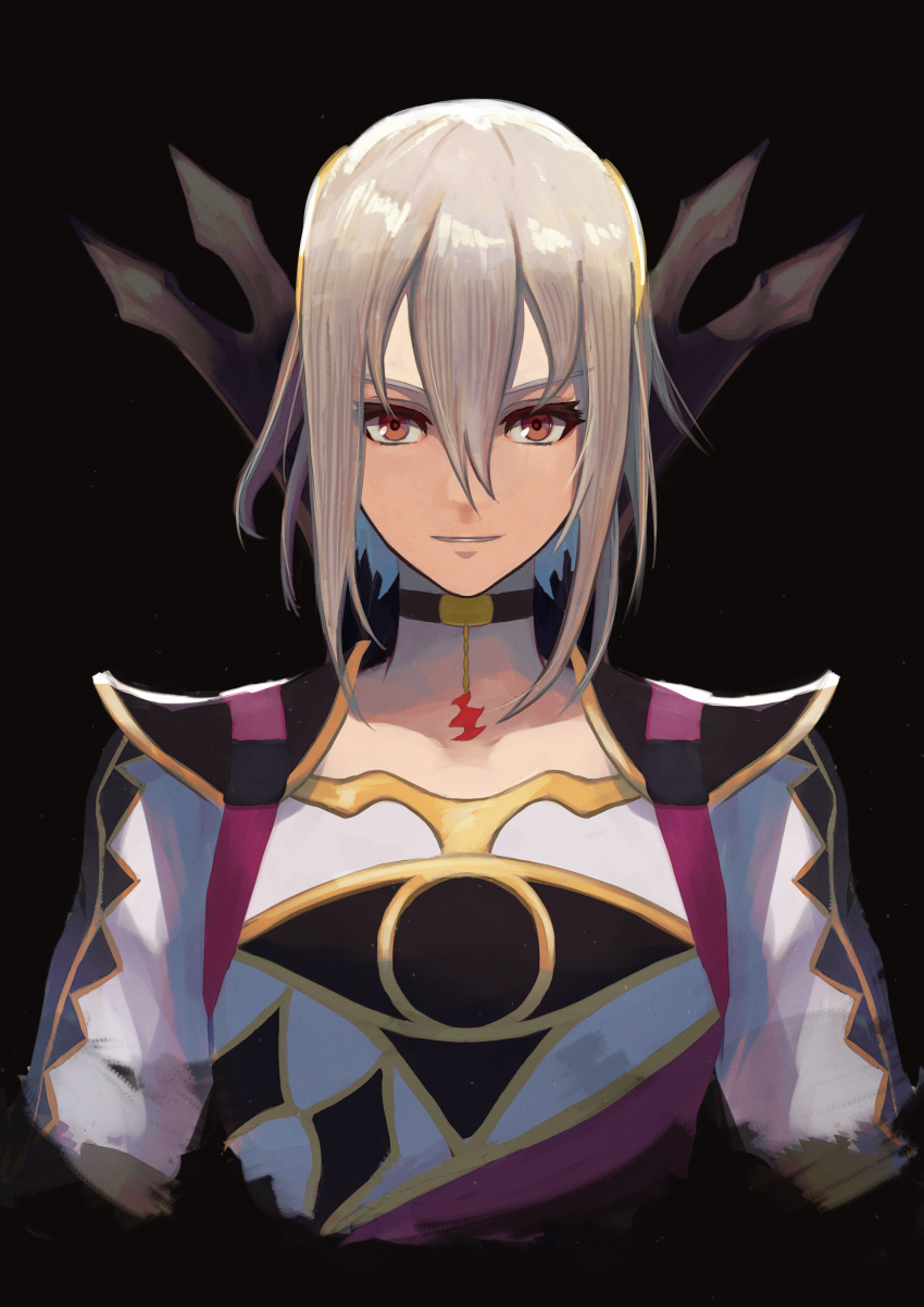 1boy absurdres black_background black_choker choker commentary_request cropped_torso fire_emblem fire_emblem_engage grey_hair highres labebebe_lee looking_at_viewer male_focus medium_hair orange_eyes rafal_(fire_emblem) shirt simple_background smile solo upper_body white_shirt