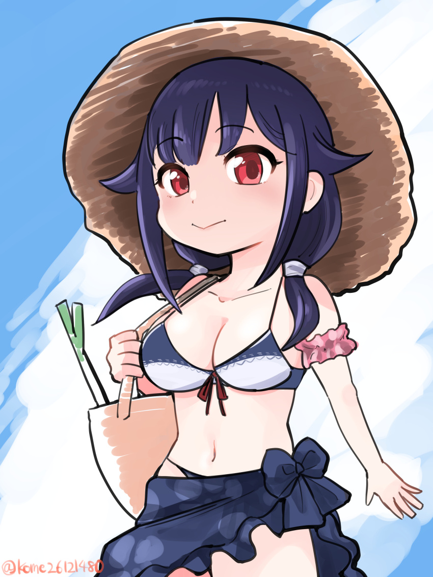 1girl absurdres ahoge armband bag bikini blue_eyes blue_sarong breasts cowboy_shot hair_flaps highres kantai_collection large_breasts looking_at_viewer low_twintails noba_(ne83ko61) official_alternate_costume one-hour_drawing_challenge red_eyes sarong solo spring_onion swimsuit taigei_(kancolle) twintails two-tone_bikini
