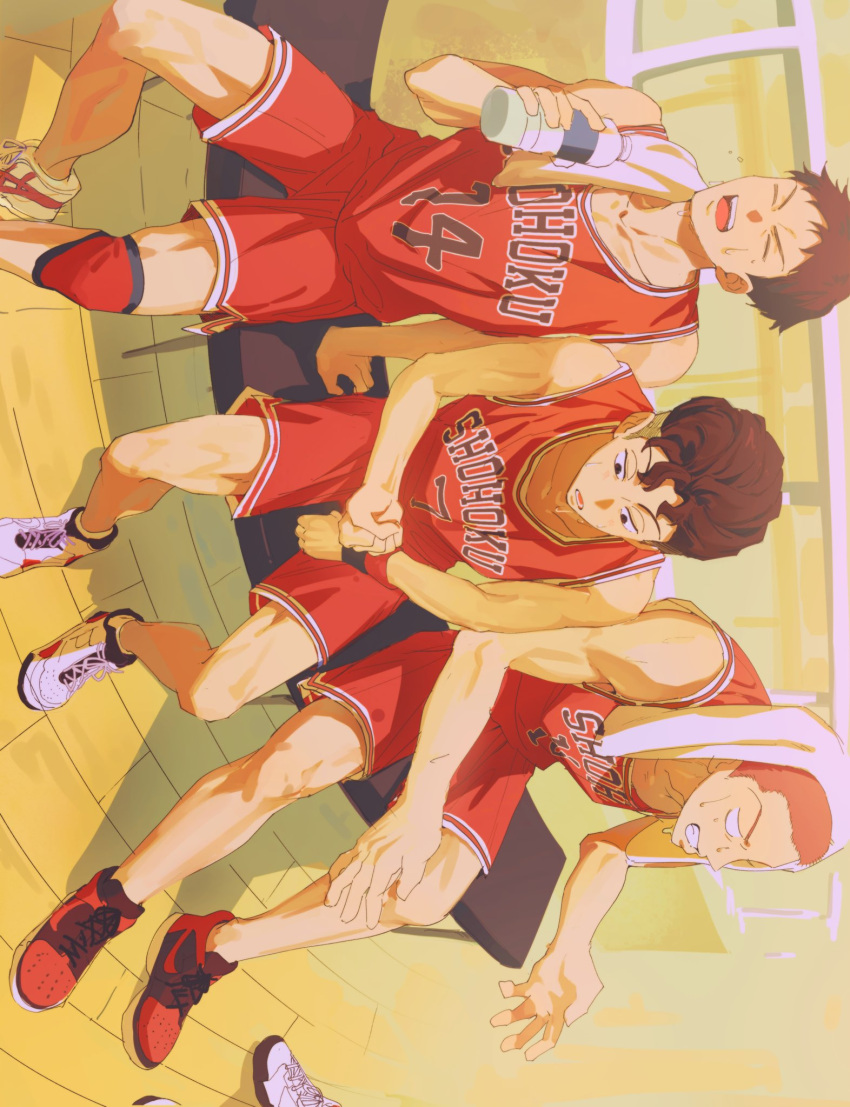 3boys angry ball basketball_(object) basketball_jersey bench bishounen black_eyes black_wristband bottle brown_eyes brown_hair buzz_cut clenched_hand highres holding holding_ball holding_bottle indoors knee_brace male_focus mitsui_hisashi miyagi_ryouta multiple_boys open_mouth red_hair red_shorts red_tank_top red_wristband sakuragi_hanamichi sebin_13 shoes short_hair shorts sitting slam_dunk_(series) sneakers sweat tank_top toned toned_male towel towel_on_head undercut very_short_hair water_bottle wavy_hair white_towel