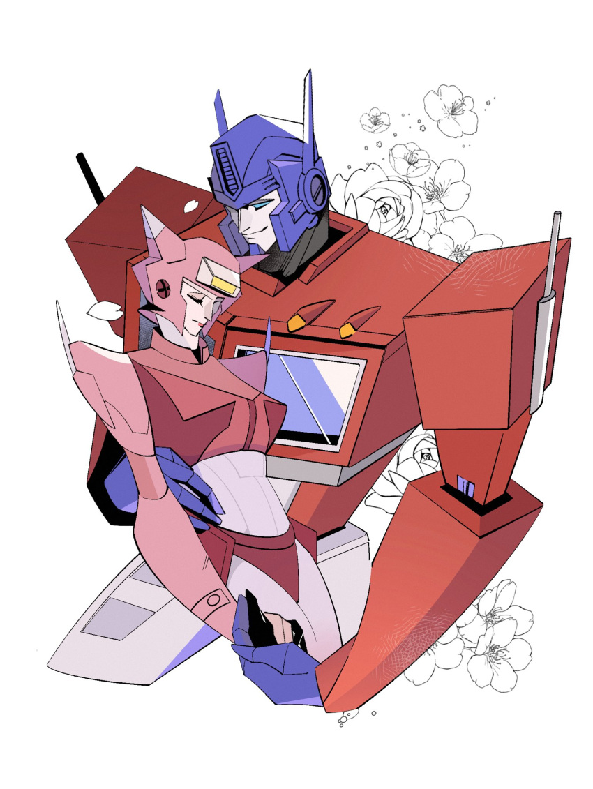 1boy 1girl blue_eyes breasts closed_eyes colored_skin elita_one helmet highres humanoid_robot mecha medium_breasts no_humans optimus_prime panties pink_lips ripper6857 robot size_difference transformers underwear white_skin