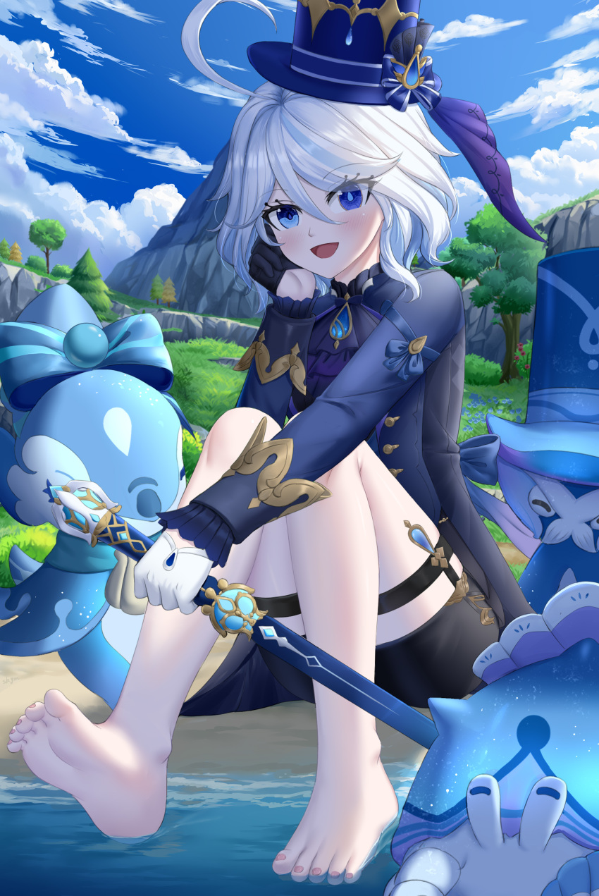 1girl :d absurdres ahoge asymmetrical_gloves barefoot black_gloves black_shorts blue_eyes blue_hair blue_headwear blue_jacket blue_sky cloud commentary_request day furina_(genshin_impact) genshin_impact gloves grass hat highres holding holding_scepter jacket knees_up long_sleeves looking_at_viewer mismatched_gloves outdoors scepter short_hair short_shorts shorts sitting sky skym_(kumei) smile thigh_strap thighs top_hat tree white_gloves