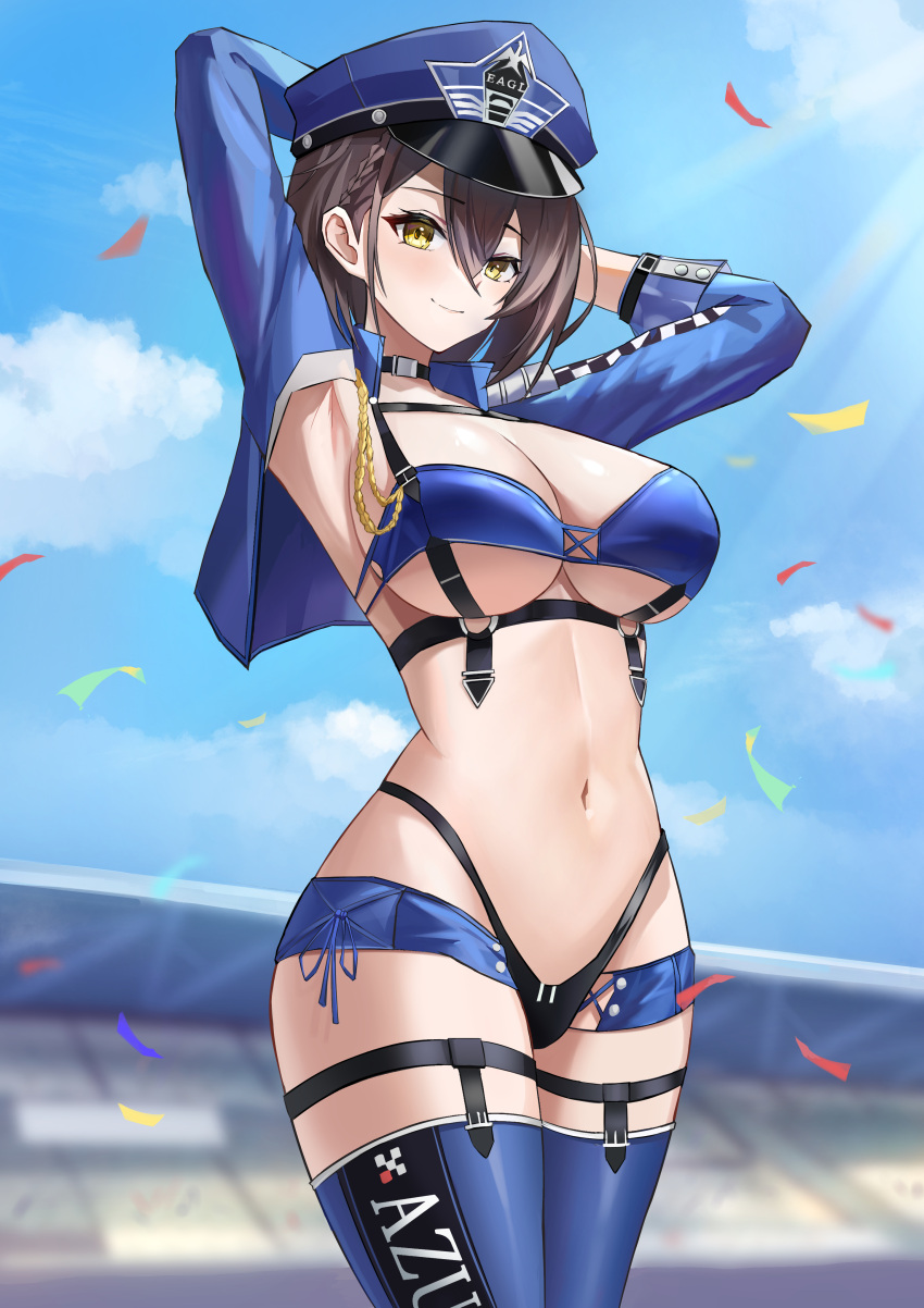 1girl absurdres azur_lane baltimore_(azur_lane) baltimore_(finish_line_flagbearer)_(azur_lane) blue_sky blue_thighhighs breasts brown_hair choker closed_mouth commentary_request confetti day hai_binggan hat highres large_breasts navel official_alternate_costume outdoors peaked_cap police_hat race_queen short_hair shrug_(clothing) sky smile solo stomach thighhighs yellow_eyes