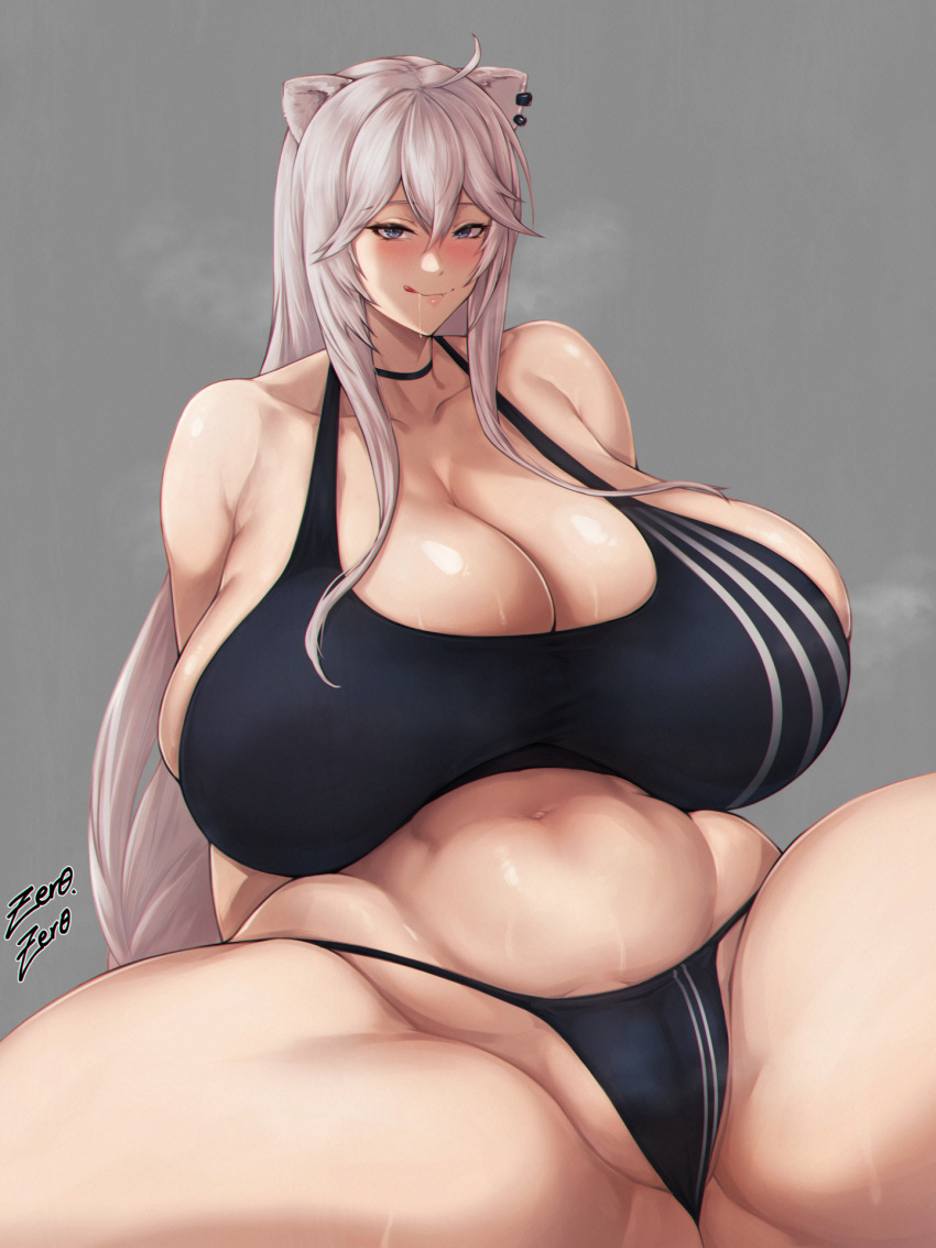 alternate_breast_size animal_ears bare_shoulders belly black_choker blush breasts cameltoe choker cleavage commentary cowboy_shot curvy ear_piercing grey_eyes grey_hair groin highres hololive huge_breasts licking_lips lion_ears lion_girl looking_at_viewer partially_visible_vulva piercing saliva shishiro_botan solo sports_bra stomach striped striped_sports_bra swimsuit symbol-only_commentary thick_thighs thighs tongue tongue_out virtual_youtuber wide_hips zer0.zer0