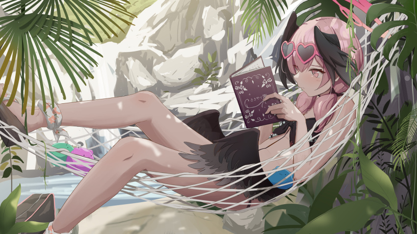 1girl bag bare_shoulders bikini black_bikini black_footwear black_wings blue_archive book commentary_request day doran_(dorannomai) eyewear_on_head feathered_wings hair_over_shoulder hammock head_wings heart heart-shaped_eyewear highres holding holding_book koharu_(blue_archive) koharu_(swimsuit)_(blue_archive) long_hair low_twintails low_wings lying on_back open_book outdoors pink-framed_eyewear pink_hair red_eyes river sandals solo sunglasses swimsuit twintails water wings