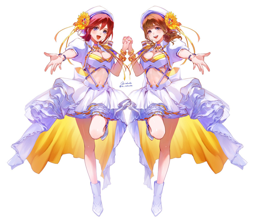 2girls animification aoi_rokushou beret boots bracelet breasts brown_eyes brown_hair choker cleavage flower full_body hair_flower hair_ornament hat highres holding_hands jewelry kaname_buccaneer leg_up macross macross_delta medium_breasts midriff multiple_girls navel open_hand outstretched_arm purple_eyes real_life red_hair signature skirt twitter_username voice_actor white_choker white_footwear white_headwear white_skirt yasuno_kiyono yellow_flower