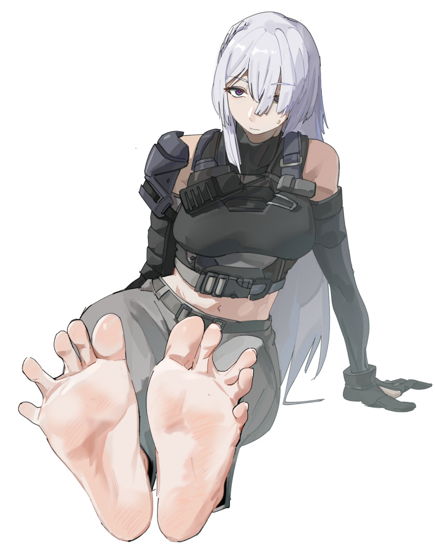 1girl absurdres ak-15_(girls'_frontline) barefoot er_ling_balu feet feet_up foot_focus girls'_frontline highres looking_at_viewer no_shoes soles toe_scrunch toes