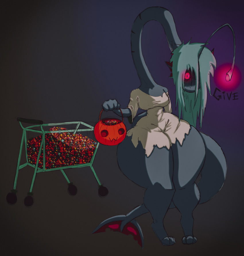 anglerfish anthro blue_body bottom_heavy breasts candy clothing dessert dialogue digitigrade female fish food green_hair hair hair_over_eye halloween hand_behind_back hi_res holidays long_neck looking_at_viewer marine monster notsosmartfox one_eye_obstructed pumpkin_basket red_eyes shopping_cart small_breasts small_waist solo talking_to_viewer text thick_thighs white_clothing wide_hips
