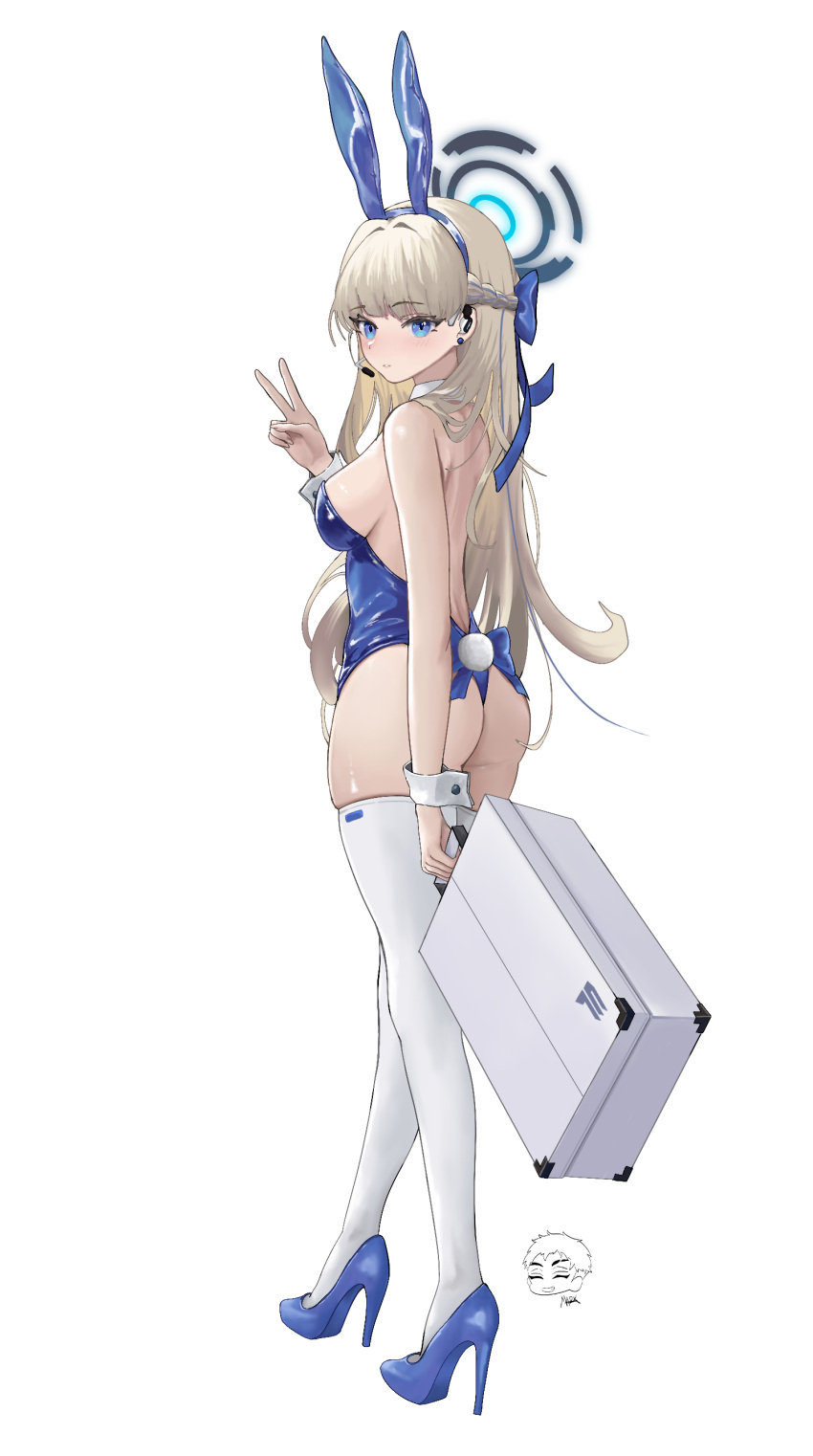 1girl absurdres animal_ears ass bare_shoulders blonde_hair blue_archive blue_bow blue_eyes blue_hairband blue_leotard bow braid breasts briefcase danny_marx fake_animal_ears full_body hairband halo highleg highleg_leotard highres holding holding_briefcase leotard long_hair medium_breasts microphone official_alternate_costume official_alternate_hairstyle playboy_bunny rabbit_ears thighhighs thighs toki_(blue_archive) toki_(bunny)_(blue_archive) v very_long_hair white_thighhighs