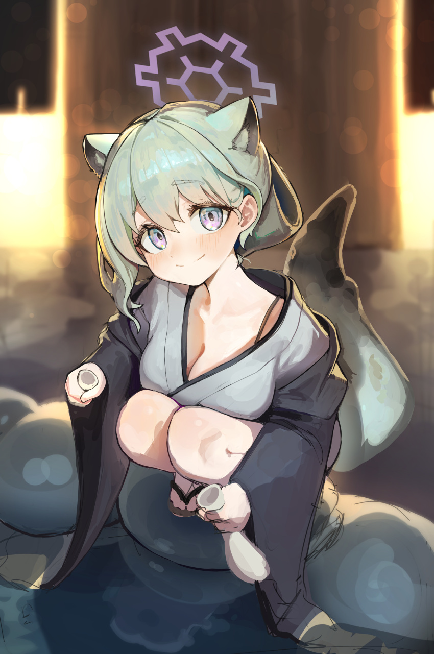 1girl absurdres animal_ears apopo blue_archive breasts cleavage green_hair grey_kimono halo highres japanese_clothes kimono long_sleeves looking_at_viewer medium_breasts medium_hair official_alternate_costume purple_eyes purple_halo shigure_(blue_archive) shigure_(hot_spring)_(blue_archive) solo squatting tail weasel_ears weasel_tail wide_sleeves