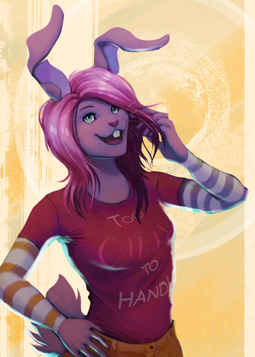 2017 absurd_res anthro bangs blue_eyes bottomwear buckteeth clothed clothing digital_drawing_(artwork) digital_media_(artwork) eyebrows female fluffy fluffy_tail hair hair_on_shoulders hand_in_hair hand_on_hip hi_res lagomorph leporid long_ears long_sleeve_shirt long_sleeves looking_at_viewer mammal multicolored_clothing open_mouth orange_bottomwear orange_clothing orange_shorts pattern_clothing pattern_shirt pattern_topwear pink_clothing pink_hair pink_nose pink_shirt pink_tongue pink_topwear rabbit shirt short_tail shorts simple_background smile solo striped_clothing striped_shirt striped_topwear stripes tail teeth text text_on_clothing tongue topwear touching_hair violet_(violetmadness7) whiskers wildernessspirits yellow_background