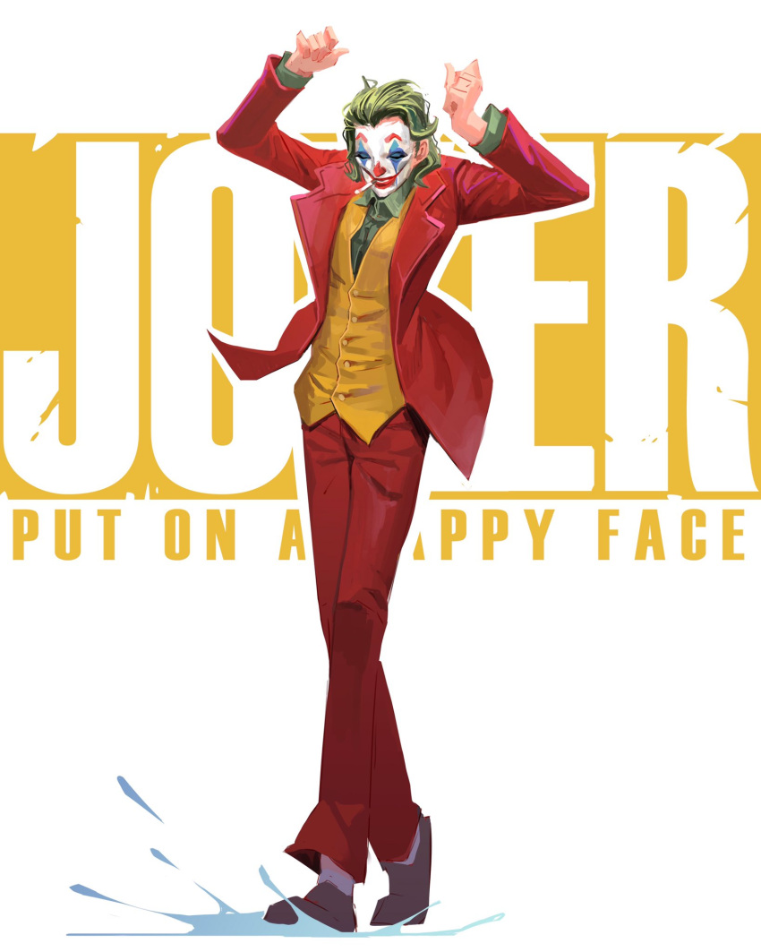 1boy arms_up arthur_fleck bangs brown_vest buttons collared_shirt english_text full_body green_hair green_shirt highres jacket joker_(2019) joker_(dc) long_sleeves makeup open_clothes open_jacket pants reagan_long red_jacket red_pants shirt smile solo vest water white_background