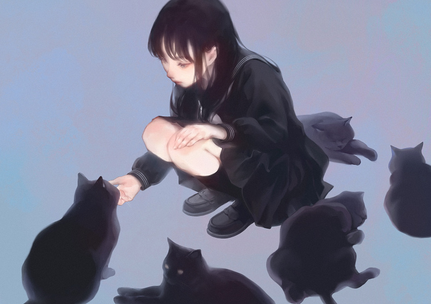 1girl black_cat black_eyes black_footwear black_hair black_sailor_collar black_serafuku black_shirt black_skirt black_socks black_theme blue_background cat choppy_bangs commentary film_grain full_body hotatenshi kneehighs loafers long_hair long_sleeves neckerchief original pleated_skirt puffy_sleeves sailor_collar school_uniform serafuku shirt shoes sidelocks skirt socks solo squatting white_neckerchief