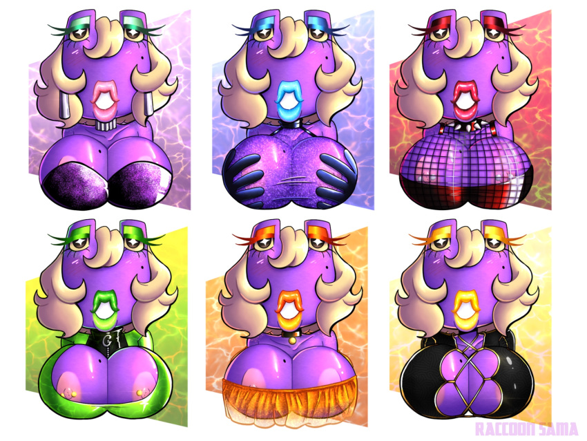 amphibian animal_crossing anthro areola beauty_mark big_breasts black_clothing black_dress black_topwear blonde_hair blue_background blue_eyeshadow blue_lipstick blush blush_lines breasts brown_eyes choker cleavage clothed clothing collar dress eyelashes eyeshadow female fishnet fishnet_clothing fishnet_topwear frog gigi_(animal_crossing) green_clothing green_eyeshadow green_lipstick green_topwear hair hi_res huge_breasts jewelry leather leather_clothing leather_topwear lips lipstick looking_at_viewer makeup markings mole_(marking) mole_on_breast necklace nintendo nipple_piercing nipples orange_background orange_clothing orange_eyeshadow orange_lipstick orange_topwear piercing pink_areola pink_lipstick pink_nipples pupils purple_background purple_body purple_clothing purple_dress raccoon_sama red_background red_clothing red_eyeshadow red_lipstick red_topwear simple_background solo spiked_collar spikes thick_lips topwear translucent translucent_clothing translucent_dress unusual_pupils white_background yellow_background yellow_eyeshadow yellow_lipstick yellow_sclera