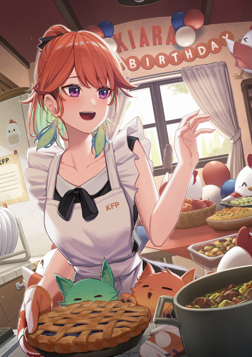 1girl :d absurdres apple apron basket cat chonkers_(takanashi_kiara) cooking_pot erezu food frills fruit happy_birthday highres hololive hololive_english indoors kfp_employee_(takanashi_kiara) kitchen open_mouth orange_hair pie plate purple_eyes smile smoothie_(takanashi_kiara) stew table virtual_youtuber window