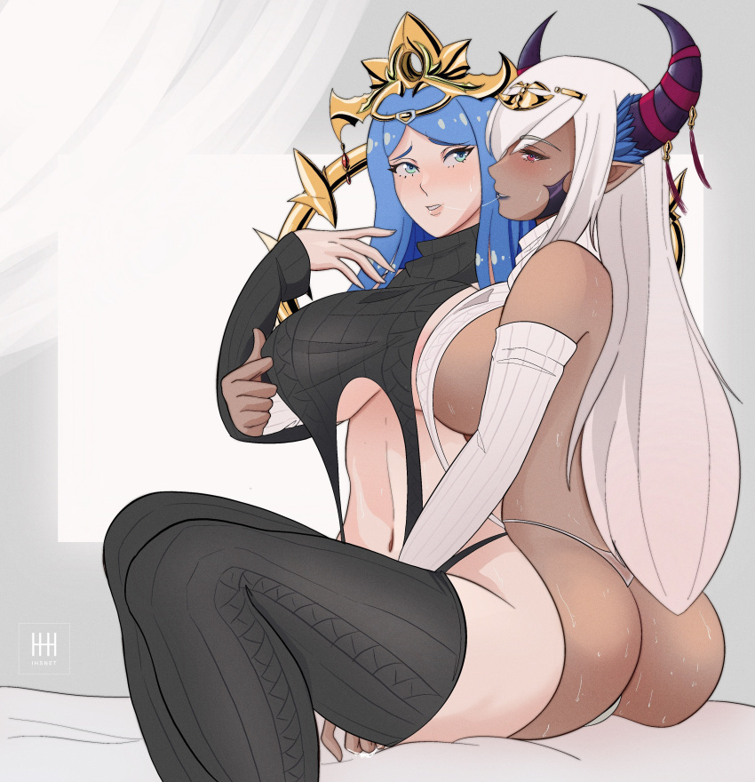 2girls absurdres areola_slip ass asymmetrical_horns bare_shoulders black_sweater black_thighhighs blue_eyes blue_hair blush breast_grab breasts cameltoe circlet cleavage commission commissioner_upload crown detached_sleeves dragon_girl fire_emblem fire_emblem_engage grabbing hair_ornament hair_over_one_eye highres holding horns ihsnet jewelry large_breasts long_hair lumera_(fire_emblem) mature_female meme_attire multiple_girls navel non-web_source open_mouth panties pointy_ears purple_eyes purple_ribbon revealing_clothes ribbon saliva saliva_trail sideboob smile sweat sweater tan tassel tassel_hair_ornament thighhighs thighs thong tiara turtleneck underboob underwear very_long_hair virgin_destroyer_sweater white_panties white_sweater white_thighhighs yuri zephia_(fire_emblem)