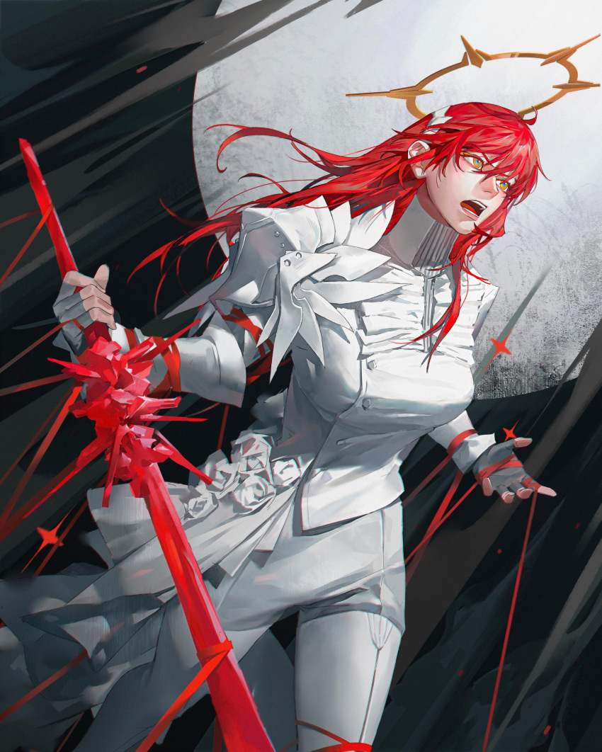 1girl absurdres arm_armor armor black_gloves blue_eyes brown_eyes colored_eyelashes fingerless_gloves gloves halo highres holding holding_sword holding_weapon long_hair long_sleeves multicolored_eyes open_mouth original pants pauldrons red_hair restrained serious shoulder_armor single_pauldron solo sword teeth thighhighs tongue two-tone_eyes wangan weapon white_pants white_thighhighs white_uniform