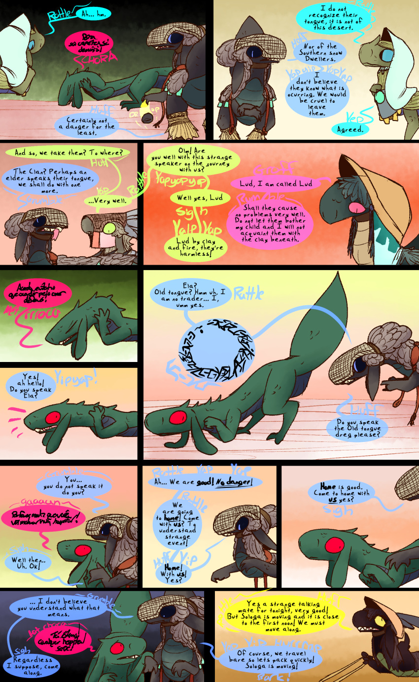 absurd_res ambiguous_gender comic constructed_language desert dialogue dinosaur dragon dragonscape drekir dromaeosaurid fantasy feral fictional_language garat_(thepatchedragon) golomya_(thepatchedragon) group hi_res kern_(thepatchedragon) lud_(thepatchedragon) post-apocalyptic reptile salt_flat scalie sling_(weapon) text thepatchedragon theropod