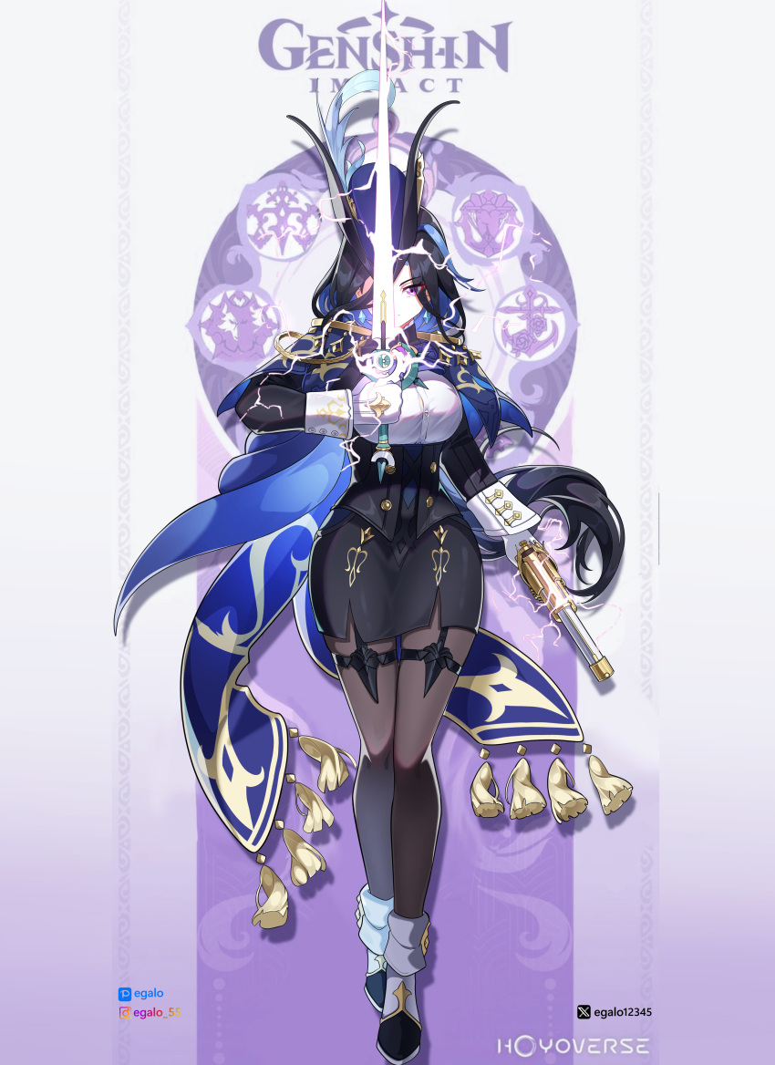 1girl absurdres antique_firearm black_corset black_hair black_pantyhose black_skirt blue_cape breasts cape clorinde_(genshin_impact) commentary_request corset egalo full_body genshin_impact gloves gun hat hat_feather highres holding holding_gun holding_sword holding_weapon indonesian_commentary instagram_username large_breasts long_hair long_sleeves pantyhose pixiv_username purple_eyes purple_headwear shirt skirt solo standing sword tricorne twitter_username very_long_hair weapon white_gloves white_shirt