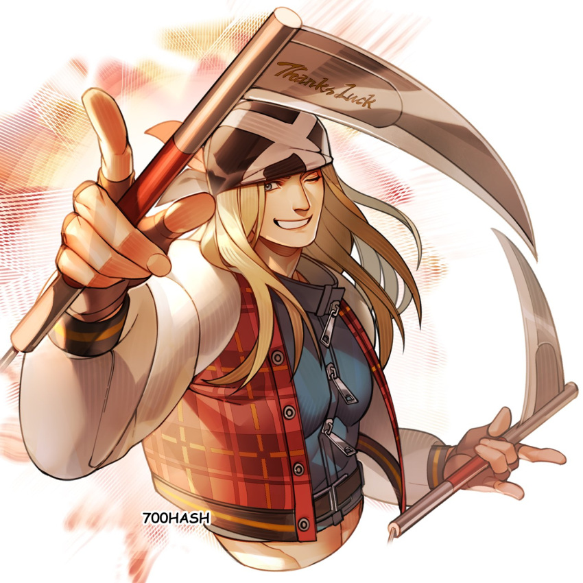 1boy 700hash axl_low bandana black_gloves blonde_hair blue_eyes fingerless_gloves gloves grin guilty_gear guilty_gear_strive highres jacket kama_(weapon) kusarigama long_hair long_sleeves looking_at_viewer male_focus one_eye_closed plaid plaid_jacket red_jacket sickle smile upper_body weapon