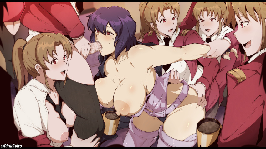6+girls absurdres blush breasts brown_hair coffee_mug cup fellatio futa_with_female futanari ghost_in_the_shell ghost_in_the_shell_stand_alone_complex grabbing_another's_arm group_sex highres implied_sex jacket kusanagi_motoko large_breasts long_hair mug multiple_girls necktie nipples open_mouth operator_(gits) oral orgy orphen_(pink_seito) penis ponytail purple_hair red_eyes saliva_drip sex short_hair suit sweat thighhighs