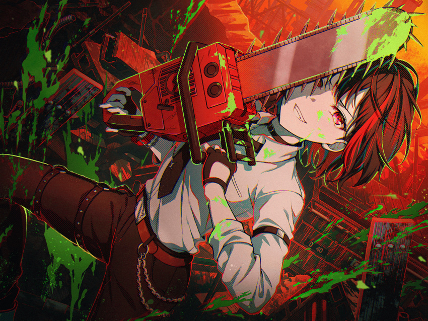 1girl arm_strap bang_dream! belt belt_chain black_hair chainsaw collar collared_shirt dress_shirt dutch_angle evil_grin evil_smile fingerless_gloves gloves grin halftone holding holding_chainsaw limited_palette liquid mitake_ran multicolored_hair necktie official_art pants pink_eyes red_hair red_theme shirt short_hair smile streaked_hair thigh_strap third-party_source