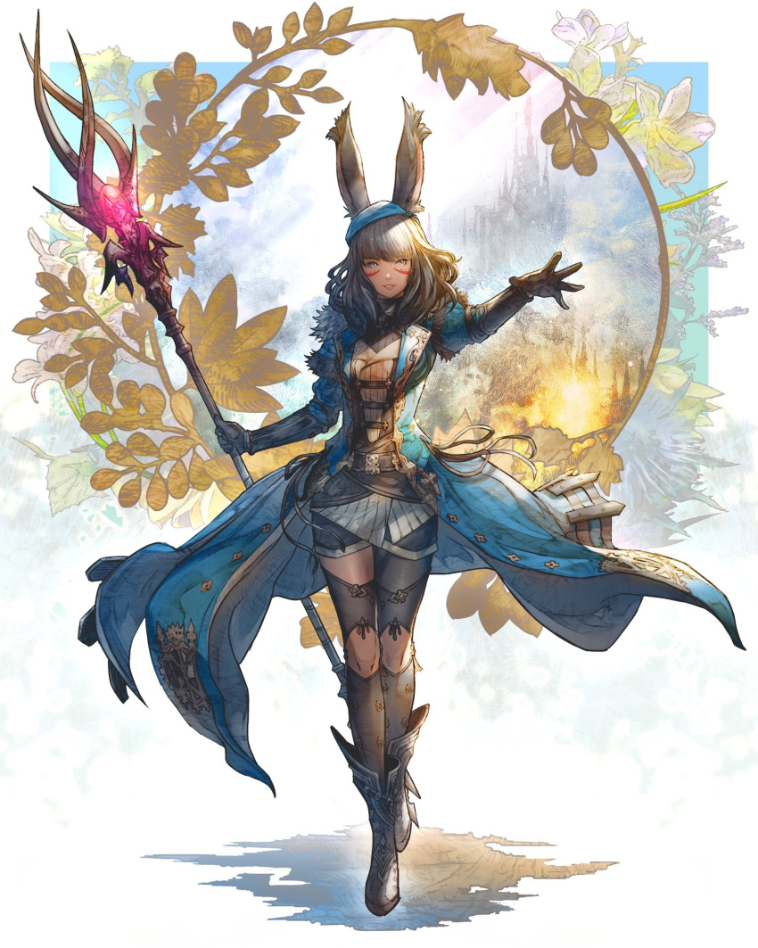 1girl animal_ears avatar_(ff14) blue_coat blue_headwear boots border coat commentary crossed_legs dragoon_(final_fantasy) elbow_gloves facial_mark final_fantasy final_fantasy_xiv full_body gloves highres holding holding_polearm holding_weapon jacket long_hair open_clothes open_coat parted_lips polearm rabbit_ears shukei smile solo standing viera watson_cross weapon white_border white_jacket