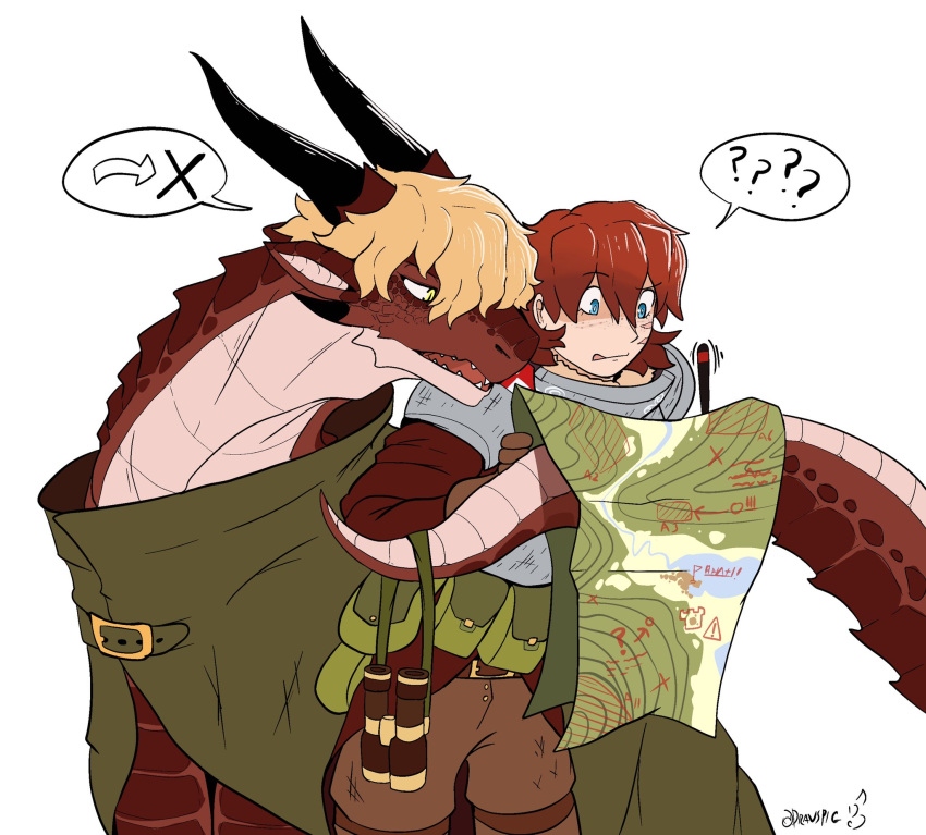 ambiguous_gender annette_(tinypigdraws) armor binoculars blonde_hair blue_eyes clothing dragon duo feral gloves green_cloak green_eyes hair handwear hi_res horn human long_neck mammal map open_mouth pupils question_mark red_body red_hair red_scales scales scalie scar signature simple_background slit_pupils speech_bubble tinypigdraws tongue tongue_out white_background william_(tinypigdraws)