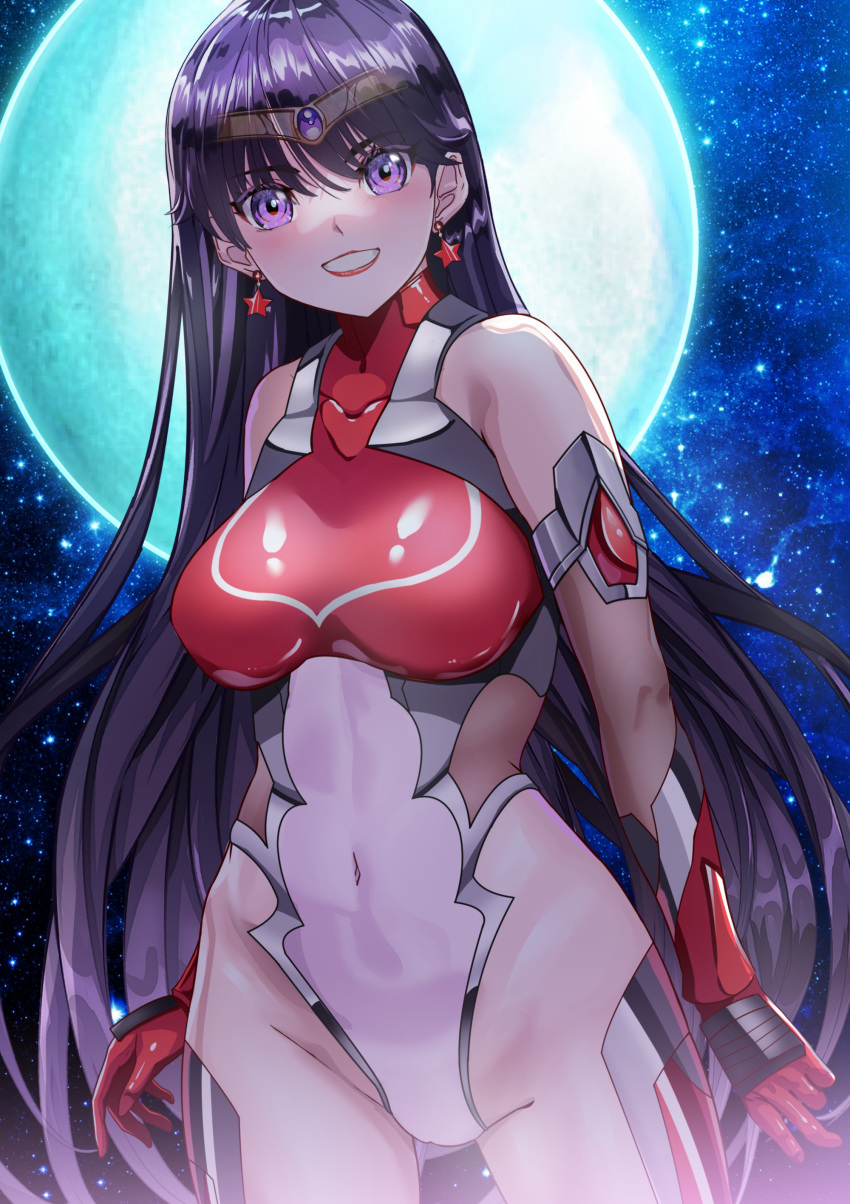 1girl absurdres arion_canvas bishoujo_senshi_sailor_moon black_hair bodysuit breasts circlet covered_navel crotch earrings elbow_gloves gem gloves highleg highleg_leotard highres hino_rei impossible_clothes impossible_leotard jewelry large_breasts leotard lips long_hair looking_at_viewer moon navel outdoors purple_eyes purple_gemstone red_bodysuit sailor_mars skin_tight smile solo star_(symbol) star_earrings taimanin_suit