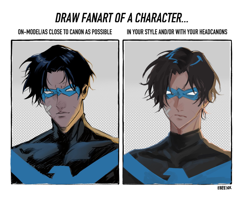 1boy bandaid bandaid_on_cheek bandaid_on_face batman_(series) beens_1995 black_bodysuit black_hair blue_bodysuit bodysuit closed_mouth crossed_bandaids dc_comics dick_grayson domino_mask draw_fanart_challenge english_text highres looking_at_viewer male_focus mask muscular muscular_male nightwing short_hair simple_background superhero taut_bodysuit two-tone_bodysuit western_comics_(style)