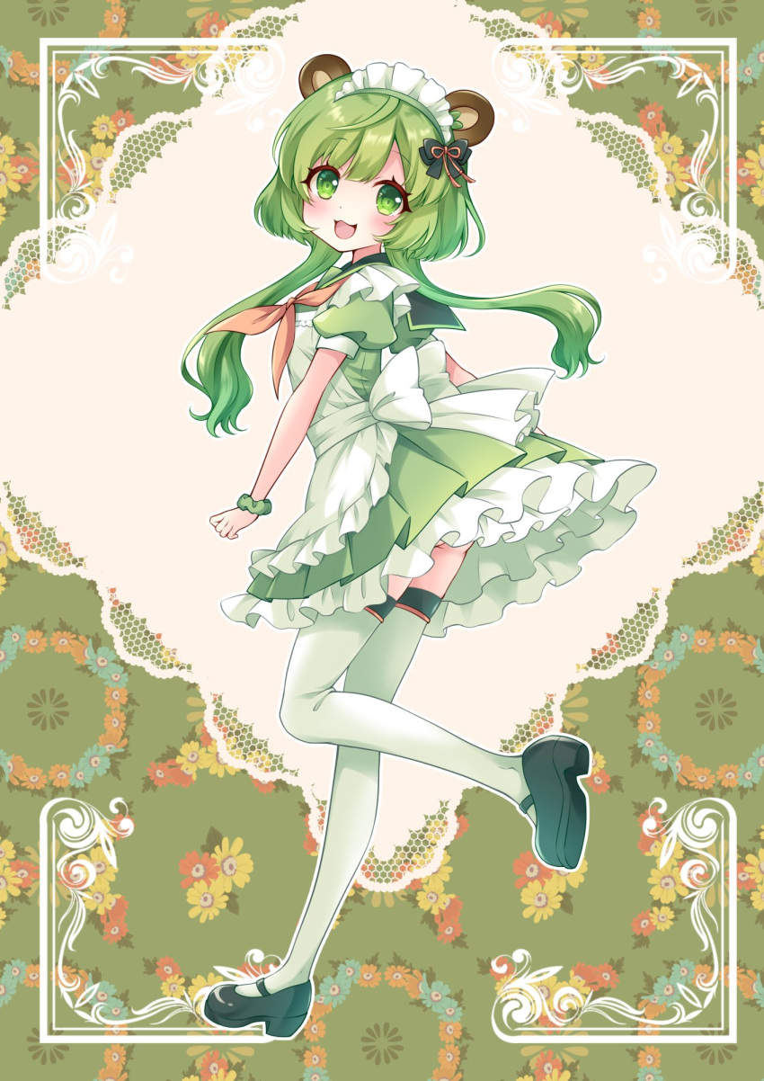 1girl :3 animal_ears apron back_bow bear_ears black_bow black_footwear blue_flower blush bow breasts commentary_request dress floral_background flower frilled_dress frills full_body green_background green_dress green_eyes green_hair hair_bow highres hinokuma_ran looking_at_viewer maid maid_headdress mary_janes medium_bangs nanashi_inc. neckerchief open_mouth orange_flower orange_neckerchief red_flower shoes short_hair_with_long_locks small_breasts smile solo thighhighs underbutt usaba_(usabara_c) waist_bow white_apron white_bow white_thighhighs yellow_flower