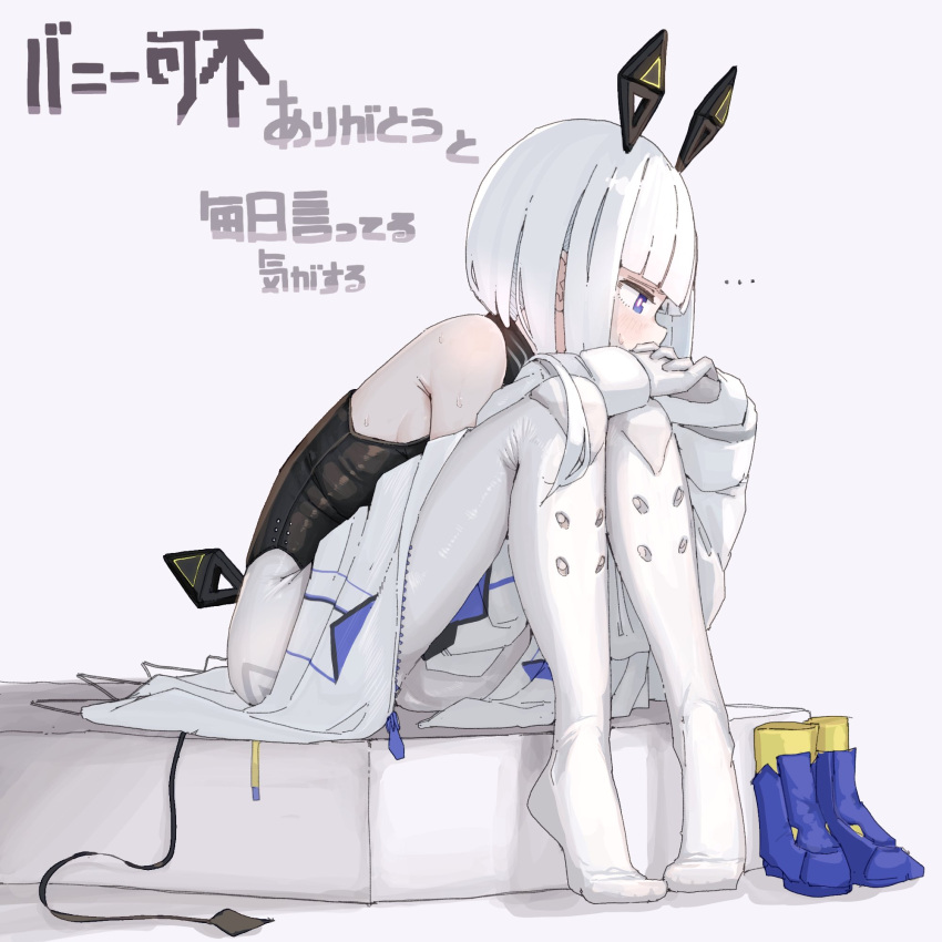 ... 1girl alternate_costume animal_ears armpit_crease averting_eyes black_leotard blue_eyes blue_footwear blunt_bangs blush boots bright_pupils cevio character_name commentary_request embarrassed fake_animal_ears fake_tail full_body gloves highres interlocked_fingers jacket jacket_partially_removed kafu_(cevio) kamitsubaki_studio knees_to_chest leaning_forward leotard long_hair long_sleeves looking_to_the_side mechanical_ears mechanical_tail miminushi multicolored_eyes own_hands_together pantyhose pink_eyes playboy_bunny profile rabbit_ears rabbit_tail simple_background sitting solo sweatdrop tail tiptoes translation_request unworn_boots white_background white_gloves white_jacket white_pantyhose white_pupils