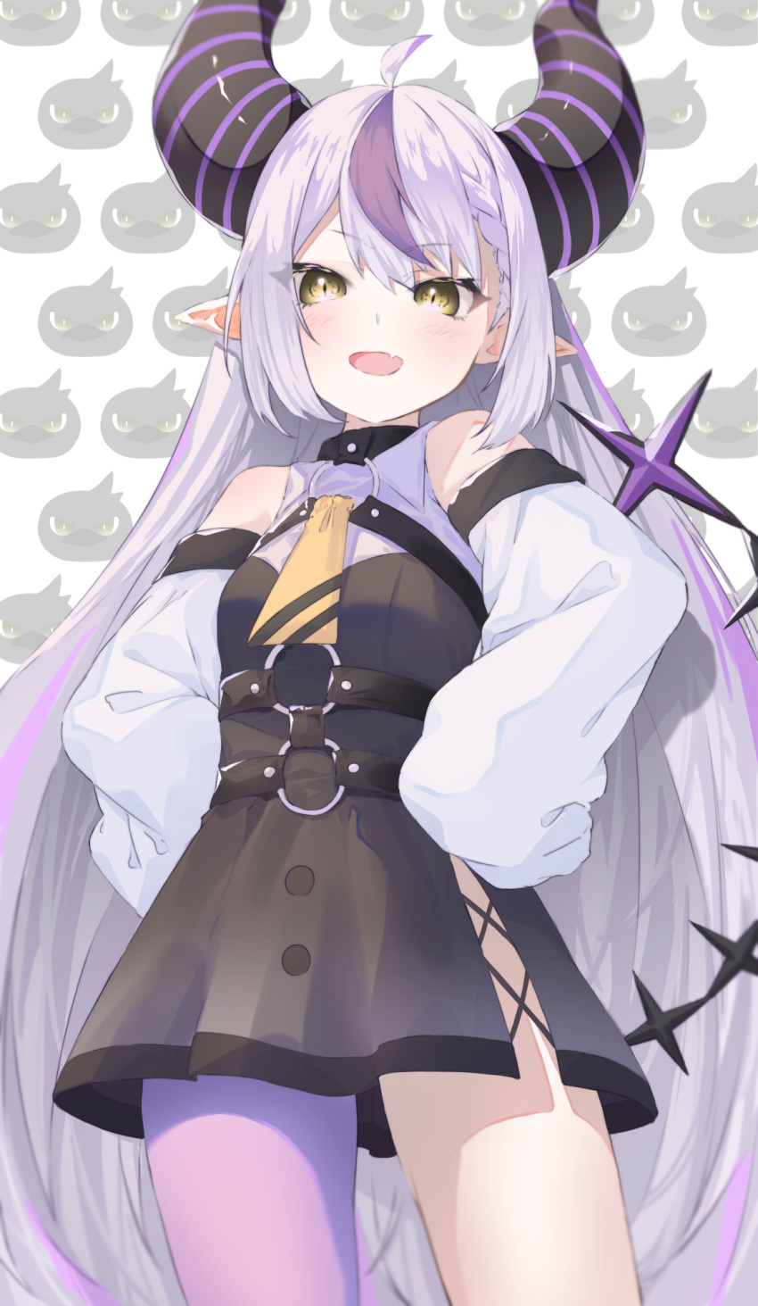 1girl ahoge ascot azusa_(azunyan12) bare_shoulders black_dress black_horns braid braided_bangs crow_(la+_darknesss) detached_sleeves dress fang grey_hair highres hololive horns la+_darknesss la+_darknesss_(1st_costume) looking_at_viewer multicolored_hair o-ring pantyhose pinafore_dress pointy_ears purple_hair purple_pantyhose single_leg_pantyhose skin_fang sleeveless sleeveless_dress slit_pupils smile solo streaked_hair striped_horns virtual_youtuber yellow_ascot yellow_eyes