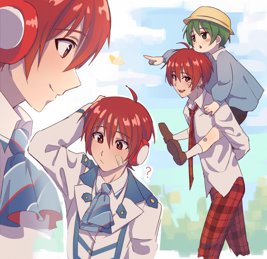 2boys ? ahoge arsloid ascot bandage_on_face bandages carrying child collared_shirt from_side green_eyes green_hair highres kindergarten_uniform lapels male_child male_focus multiple_boys multiple_views necktie nifffi open_mouth pants piggyback plaid plaid_pants pointing red_eyes red_hair ryuuto_(vocaloid) scratching_head shirt smile vocaloid