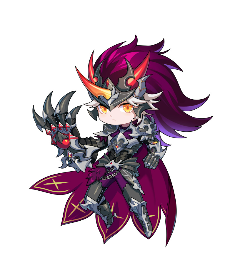 1boy absurdres armor cape chain clawed_gauntlets cloak fur_trim gauntlets gem glowing helmet highres horns latale orange_gemstone single_horn terror_knight_(latale) transparent_background vambraces white_hair yellow_eyes