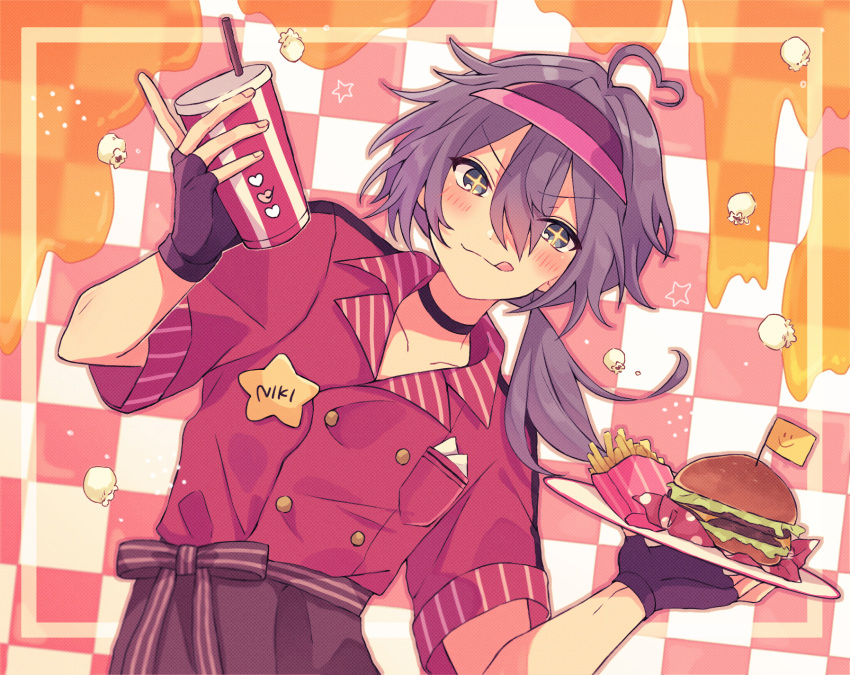 0ihara 1boy ahoge androgynous black_choker black_gloves blue_eyes blush brown_pants burger checkered_background choker closed_mouth collared_shirt cup employee_uniform ensemble_stars! fast_food_uniform fingerless_gloves food french_fries gloves grey_hair highres holding holding_cup honey low_side_ponytail male_focus multicolored_background pants red_background red_headwear red_shirt shiina_niki shirt side_ponytail smile solo tray uniform white_background