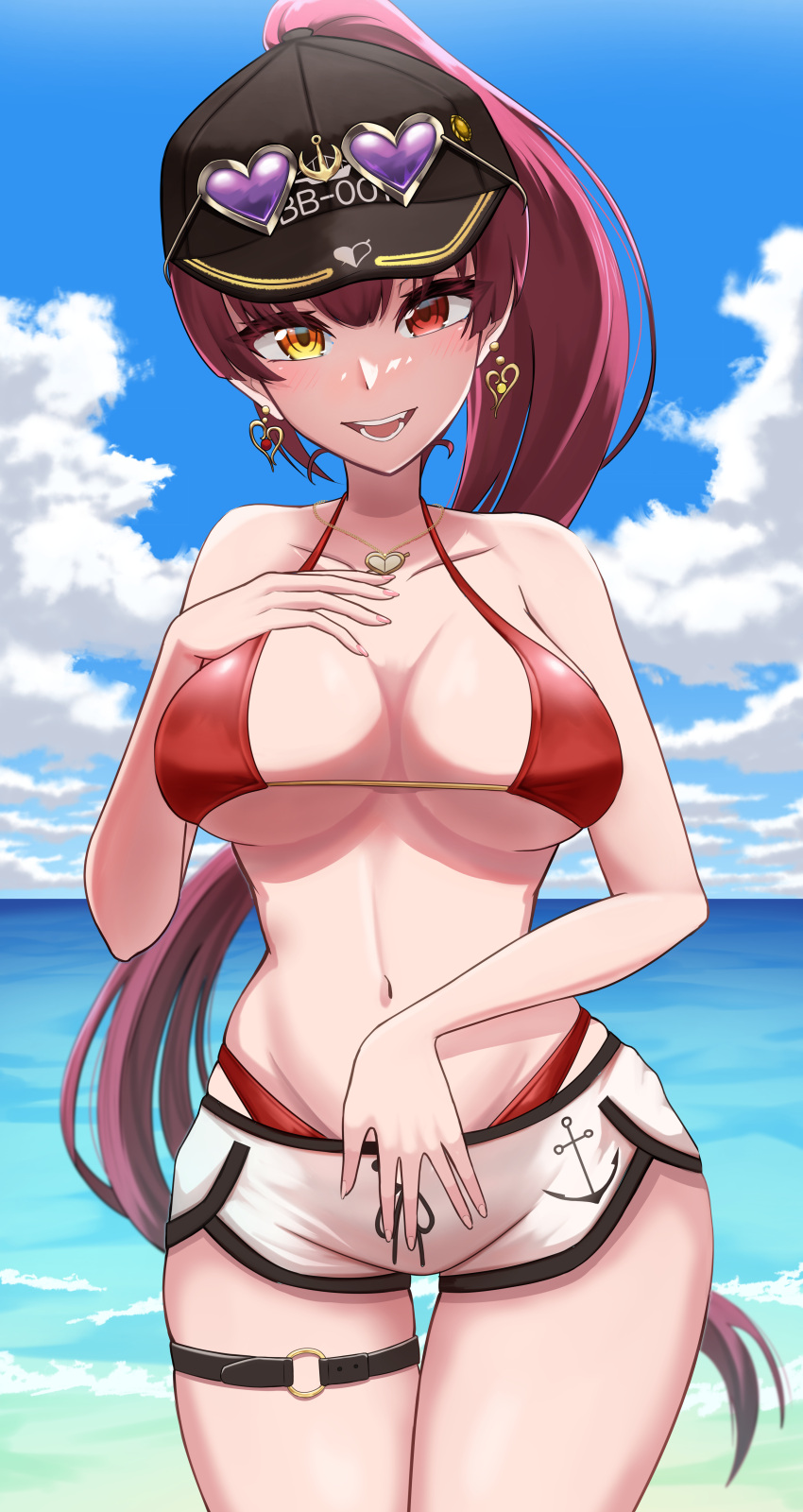 1girl absurdres baseball_cap beach bikini bikini_under_shorts black_headwear blue_sky breasts cloud earrings eyewear_on_head gold_earrings gold_necklace hakuou0714 hand_on_own_chest hat heart heart-shaped_eyewear heart_earrings heart_necklace heterochromia high_ponytail highres hololive houshou_marine houshou_marine_(4th_costume) jewelry large_breasts long_hair navel necklace o-ring o-ring_thigh_strap open_mouth red_bikini red_eyes red_hair sand short_shorts shorts sky smile solo sunglasses swimsuit thigh_strap virtual_youtuber water white_shorts yellow_eyes